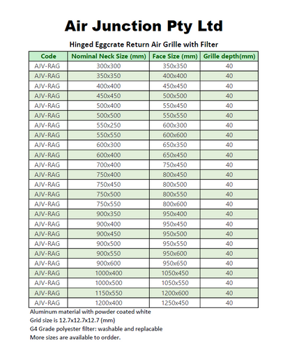 Hinged Eggcrate Return Air Grille Size Chart | HVAC Grille Sizes Australia